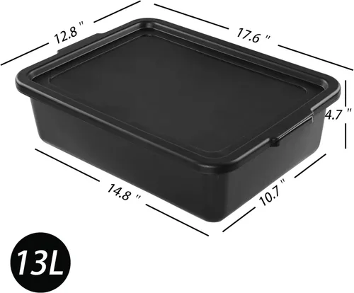 Miniatura 2 de Tina de autobús de plástico negro de 13 L con tapa, paquete de 3 bandejas de autobús