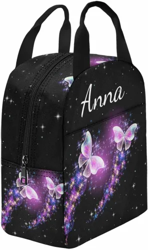 Miniatura 3 de InterestPrint Bolsa de almuerzo con nombre personalizado para hombres y mujeres, diseño de mariposa rosa y azul personalizada, caja de almuerzo