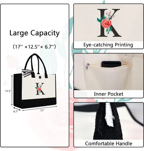 Miniatura 18 de Bolsa de lona con inicial, regalos de cumpleaños personalizados para mujeres, madres, amigas y profesoras, bolsas de mano con monograma adecuadas