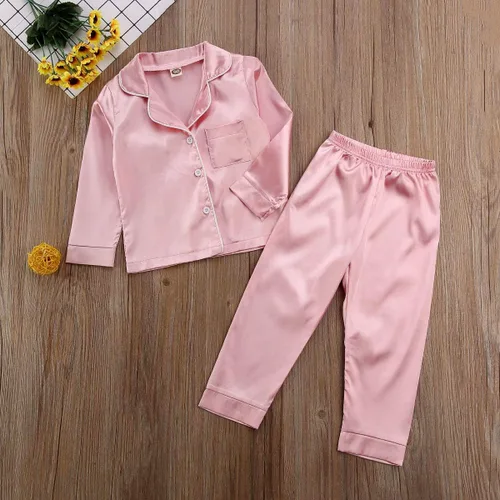 Miniatura 3 de Conjunto de pijama de satén para bebés y niños pequeños, pijamas de manga larga con botones para niñas