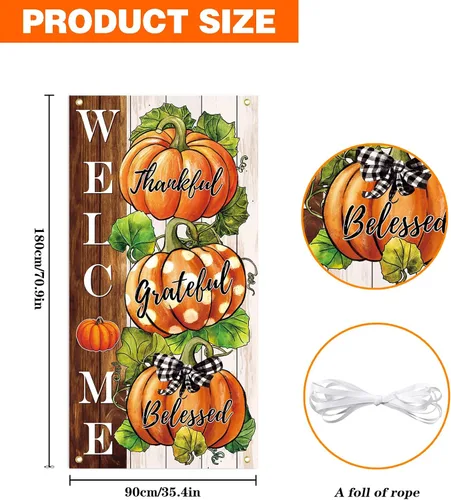 Miniatura 4 de SENSEVEN Cartel de Acción de Gracias de calabaza de otoño, cubierta grande para puerta de otoño, decoración de porche de bienvenida de otoño de 70.9