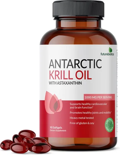 Futurebiotics Aceite de krill antártico de 1000 mg con omega-3 EPA, DHA, astaxantina y fosfolípidos - Aceite de krill premium probado en metales