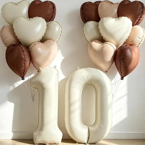 Globos de 40 pulgadas color crema número 10, 17 piezas de globos de helio grandes con globos de corazón neutros crema nude caramelo beige marrón