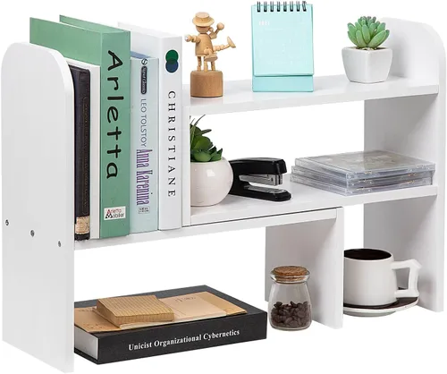 Miniatura 10 de Organizador de escritorio, estante de almacenamiento de oficina, ajustable, de madera natural, estante para libros, organizador de escritorio
