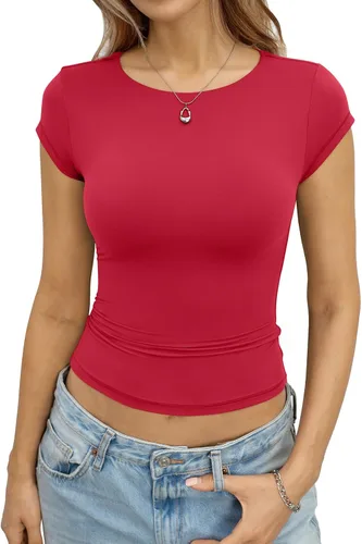 Miniatura 9 de EasyGala Camisetas de manga casquillo recortadas con doble forro para mujer, cuello redondo, camisetas ajustadas para salir, ropa de verano Y2K 2026
