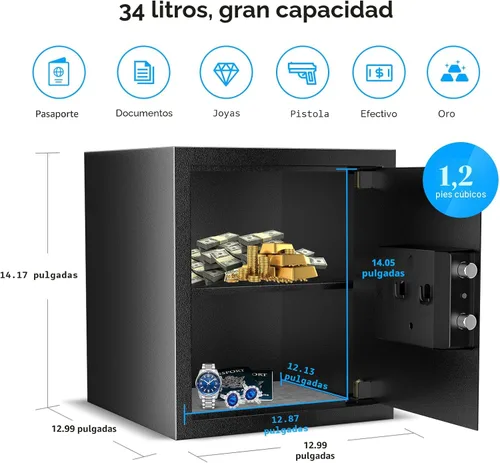 Miniatura 2 de Caja de seguridad Bonsaii, caja de seguridad grande de 1.2 pies cúbicos para documentos, nuevo tipo de cerradura con teclado digital, estante