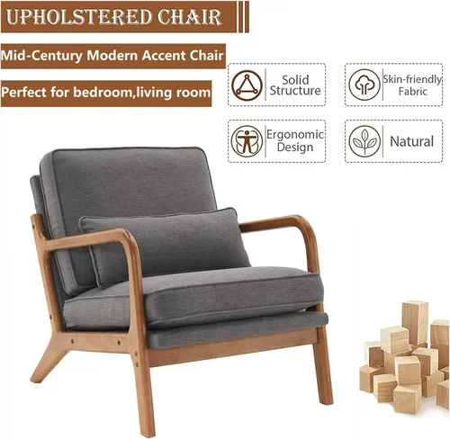 Miniatura 7 de Silla decorativa para sala de estar, sillón tapizado moderno de mediados de siglo con almohada, sillón de lectura, cómoda silla decorativa para Gris