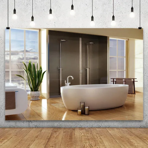 Miniatura 2 de YongFoto Decoración de interiores de baño de 5 x 3 pies, moderno, fondo de fotografía, bañera de lujo, plantas verdes, telón de fondo de piso