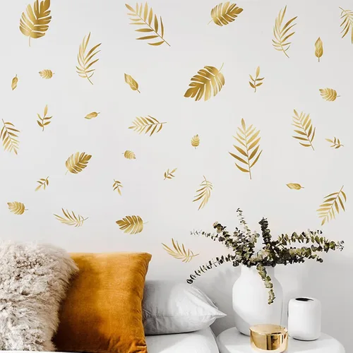 Miniatura 4 de Calcomanías de pared de hojas doradas, calcomanías de pared de hojas botánicas para despegar y pegar para sala de estar y dormitorio