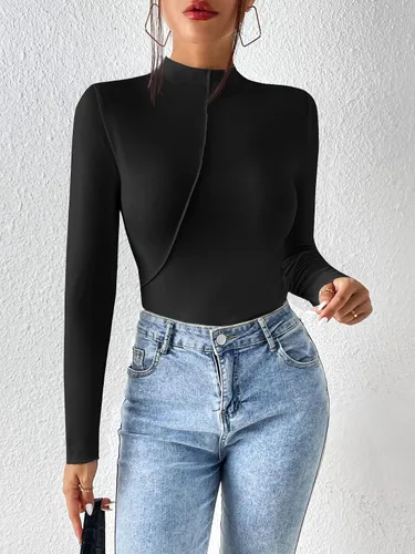 Miniatura 4 de Verdusa Camiseta de manga larga ajustada con cuello alto falso para mujer, color negro