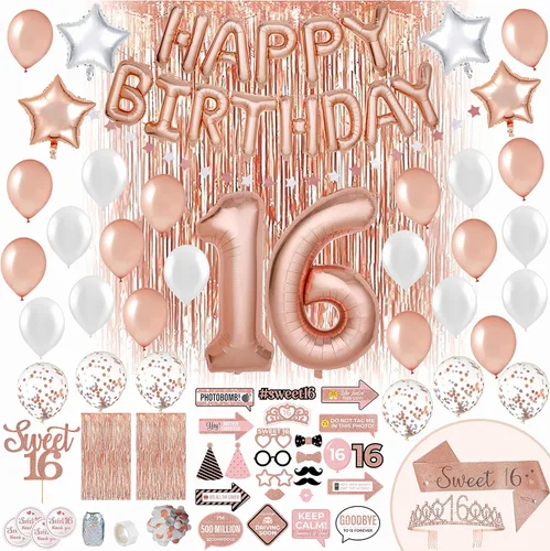 PartyHooman Decoraciones de cumpleaños de 16 años color oro rosa con banda y tiara de dulces 16, 2 fondos de fondo, 25 piezas de accesorios de