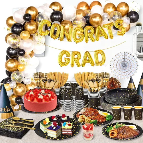 Miniatura 6 de AIRE 175 piezas de platos de papel negro y dorado, juego de vajilla para fiestas, suministros para 25 invitados, platos desechables para fiesta, 175