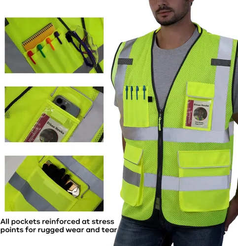 Miniatura 4 de Neopelta Chaleco de seguridad reflectante de malla amarilla, chaleco de alta visibilidad con bolsillos y cremallera, cuello acolchado, chaleco
