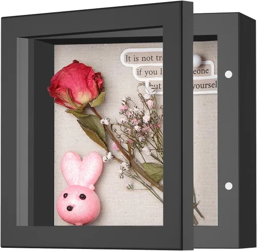 Marco de caja de sombra pequeña de 5 x 5 con parte trasera de lino, resistente vitrina de memoria de flores, imágenes, medallas y más, color negro