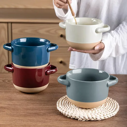 Miniatura 6 de AmorArc Juego de 2 cuencos de sopa de 24 onzas con asas grandes y tapas, cuencos de cerámica para sopa, cereales, guisos, fideos, coloridos cuencos