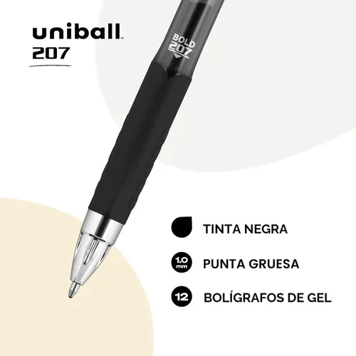 Miniatura 3 de Bolígrafos de gel retráctiles uni-ball 207, punta gruesa, 1mm, negro, paquete de 12