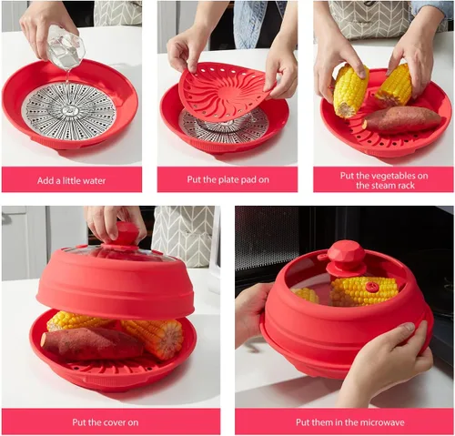 Miniatura 5 de Funda de silicona plegable para microondas, tapa de salpicaduras multifunción ventilada con plato de vidrio para cocinar alimentos y tocino, apto