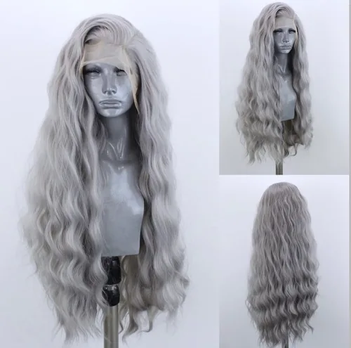 Pelucas de encaje frontal sintéticas largas y rizadas de color gris para mujeres, parte central, línea natural del cabello, pelucas de encaje para