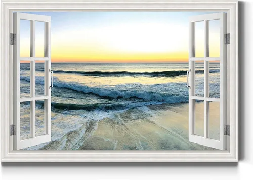 Miniatura 19 de Renditions Gallery Lienzo decorativo para pared, vista de barco viejo atracado en la playa de arena blanca, obra de arte para colgar en la pared