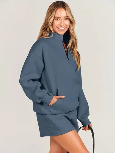 Miniatura 7 de Caracilia Conjunto deportivo de 2 piezas para mujer, sudadera de gran tamaño con media cremallera y pantalones cortos a juego para el otoño