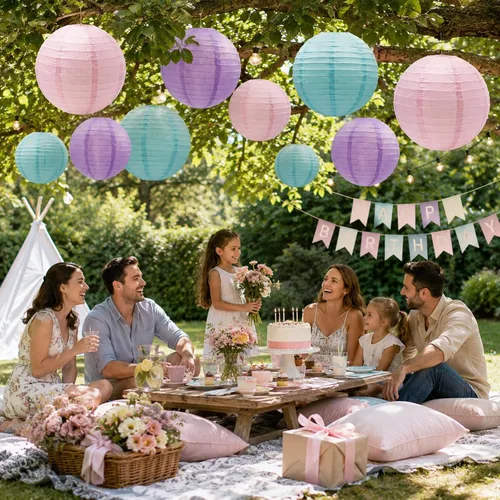 Miniatura 4 de Lámparas de papel para decoración de fiesta, lámparas colgantes redondas rosa, púrpura y azul para fiesta temática de sirena, cumpleaños de niñas