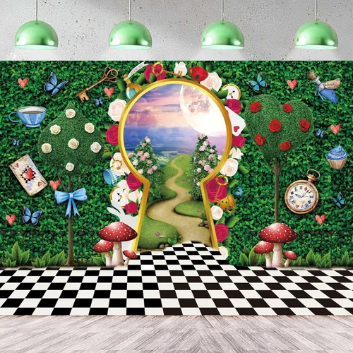 Miniatura 9 de Telón de fondo para fotografía del país de las maravillas para decoración de fiesta de té, 8 x 6 pies, cuento de hadas, castillo, conejo, hoja