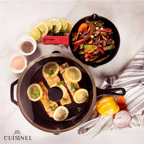 Miniatura 6 de Cuisinel Juego de sartenes de hierro fundido, sartén de 8 pulgadas + 12 pulgadas + tapas de vidrio, utensilios de cocina pre-sazonados, soportes