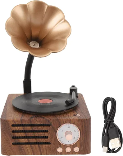 Miniatura 7 de Altavoz de tocadiscos vintage, tocadiscos portátil de grano de madera, altavoz Bluetooth con bocina de cobre, función de radio FM, diseño compacto