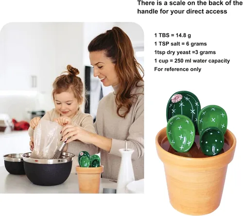 Miniatura 6 de Juego de 5 cucharas medidoras/cucharas de cerámica y taza base medidora/para ingredientes secos y líquidos, bonita forma de cactus