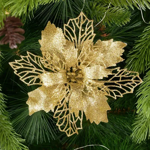Miniatura 7 de 10 flores artificiales de Navidad de flor de pascua, lentejuelas con purpurina, adornos para árbol de Navidad, decoraciones de flor de pascua