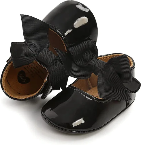 Zapatos planos Mary Jane para bebés y niñas con lazo, suela de goma antideslizante, de piel sintética, para primeros pasos, zapatos de vestir de boda