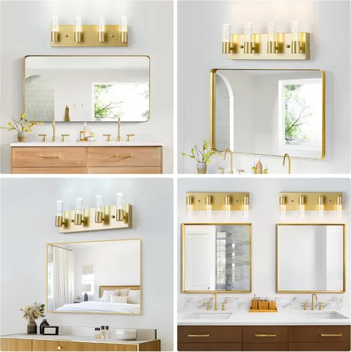 Miniatura 8 de Lámparas de tocador de baño sobre espejo con acabado dorado cepillado, 4 luces de tocador, apliques de pared para baño