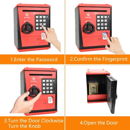 Miniatura 6 de LIKE Caja de Seguridad Hucha Juguetes para Niños con Huella Dactilar, Banco de Ahorros con Cajero Automático, Máquina de Monedas para Niños (Rojo)