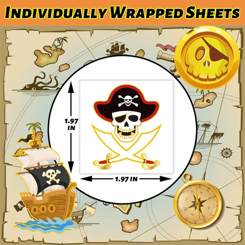 Miniatura 6 de winthrop 240 tatuajes temporales con purpurina pirata a granel, color oro destello envueltos individualmente, tatuajes de seguridad impermeables