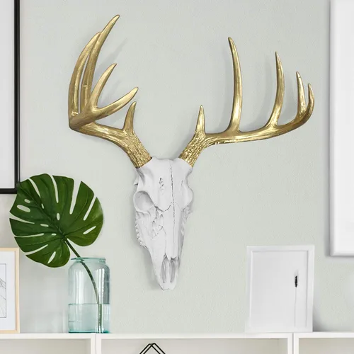 Miniatura 2 de Wallcharmers Decoración de pared grande con cuernos blancos y dorados, decoración de pared de cabeza de animal de taxidermia sintética de 21