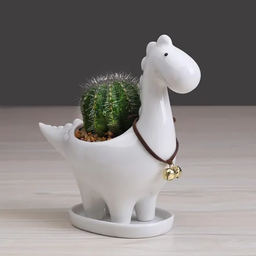 Miniatura 5 de Cabilock Maceta de cerámica de dinosaurio con bandeja de drenaje, adorable maceta para suculentas para decoración de escritorio de jardín