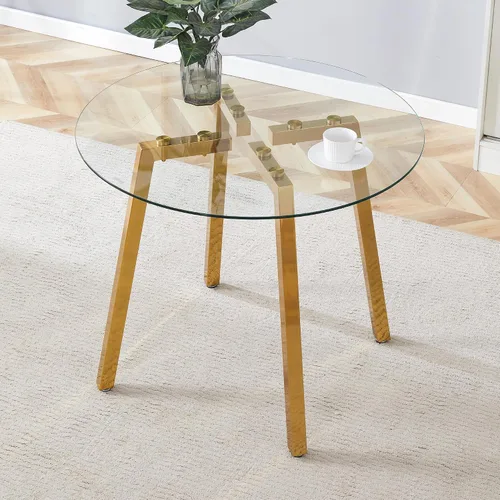 Moderna y lujosa mesa de comedor redonda de vidrio templado con 7 patas de metal doradas en forma, adecuada para comidas familiares, conferencias de