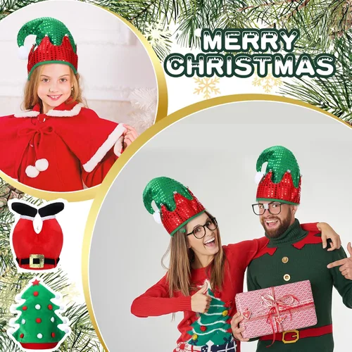 Miniatura 5 de Panitay 3 sombreros de elfo de Navidad unisex de fieltro de Papá Noel, sombrero de lentejuelas con campanas, sombrero de fieltro brillante