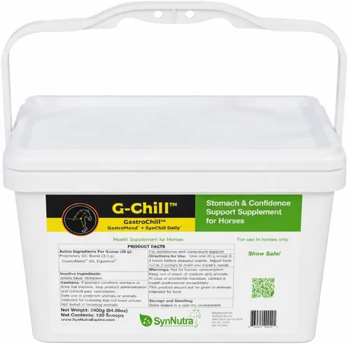 G-Chill Soporte digestivo y composure para caballos – Combinación de GastroMend + SynNutra SynChill – 30 dosis – Apoya la integridad del estómago y