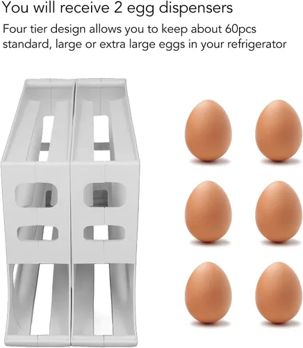 Miniatura 2 de Soporte para huevos para refrigerador, 60 unidades dispensador automático de huevos con 4 niveles y filas dobles, organizador de bandejas de huevos