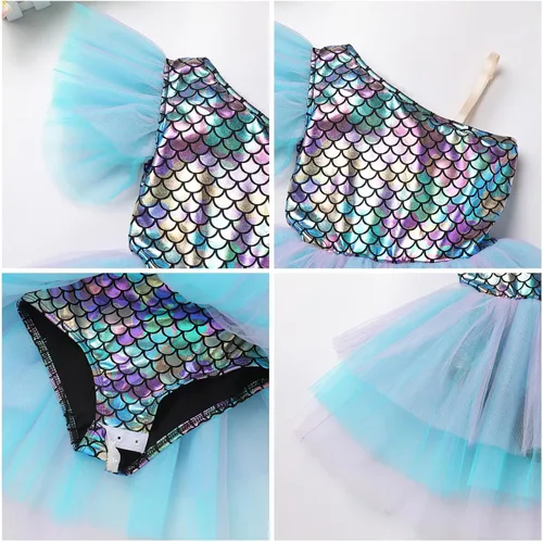 Miniatura 3 de IBAKOM Leotardo de ballet para niñas, disfraz de bailarina de Halloween, un hombro, vestido de baile de sirena y cavegirla, camisola, leotardo