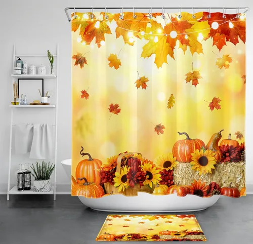 Miniatura 34 de LB Cortina de ducha de flores blancas y moradas para baño, lindo pájaro y hojas de otoño sobre tela beige con ganchos, juego botánico floral