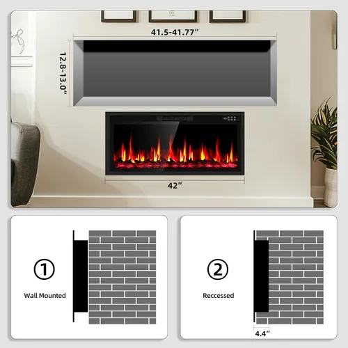 Miniatura 2 de Insertos de chimenea eléctrica de 42 pulgadas y montaje en pared con control remoto y pantalla táctil Calentador de chimenea de 1500 W