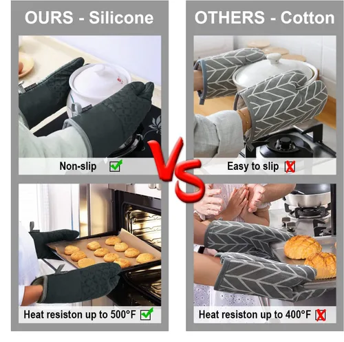 Miniatura 5 de KEGOUU Juego de 6 manoplas para horno y soportes para ollas, guantes para horno de cocina, resistentes al calor, 500 grados, extra largos, Verde