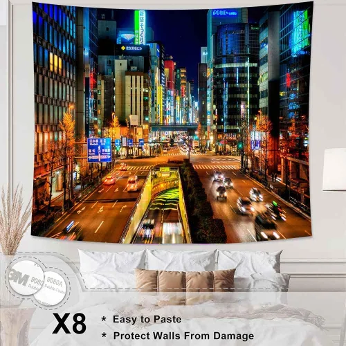 Miniatura 2 de Aidatain Tapiz de ciudad japonesa, paisaje urbano de Japón, tapiz de pared, tapiz de escena nocturna de Tokio, tamaño 84 x 90 pulgadas, tapices