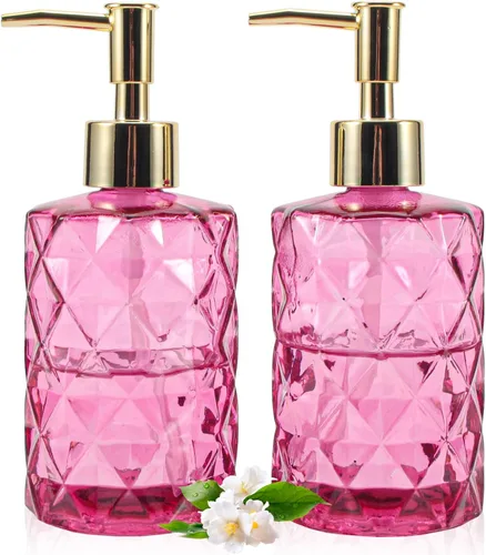 Miniatura 14 de Dispensador de jabón con bomba, dispensador de jabón con patrón de diamante para encimera de cocina, baño, accesorios de baño rosa intenso Rosa