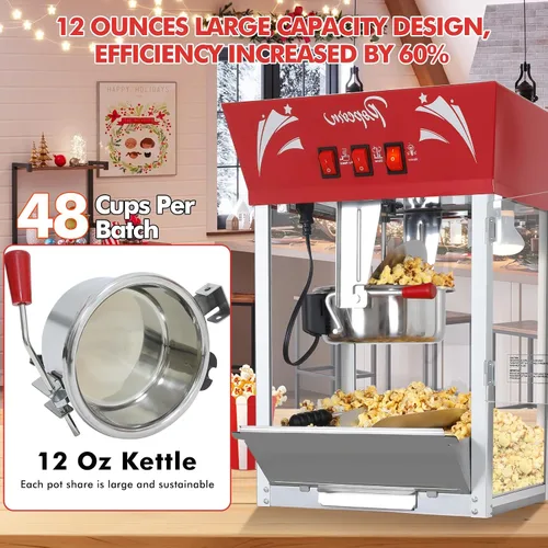 Miniatura 4 de Máquina para hacer palomitas de maíz, caldera de 12 onzas de acero inoxidable, máquina comercial de palomitas de maíz con vidrio templado, Rojo
