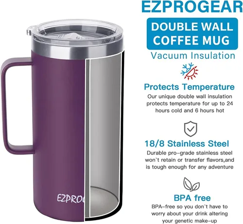 Miniatura 9 de Ezprogear Taza de café de acero inoxidable de 32 onzas, vaso de doble pared aislado al vacío con asa, tapa y pajitas (32 onzas, violeta brillante)