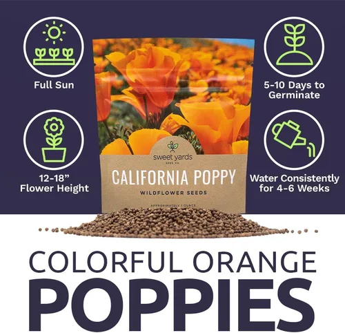 Miniatura 6 de Semillas de flores silvestres de amapola naranja de California, paquete a granel de 1 onza, más de 20,000 semillas nativas, flor del estado