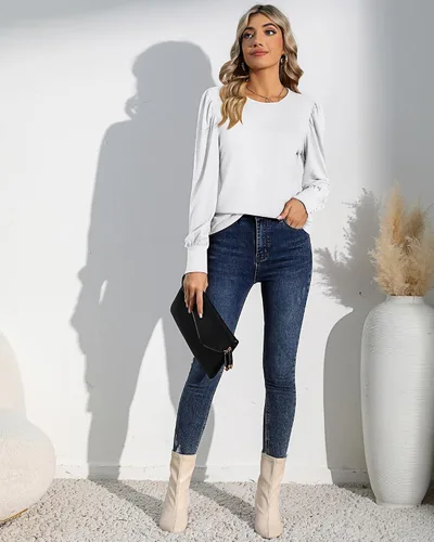 Miniatura 7 de Riyiper 2 piezas de camisetas de manga larga abombadas para mujer, estilo casual, holgadas, cuello redondo, puños con botón